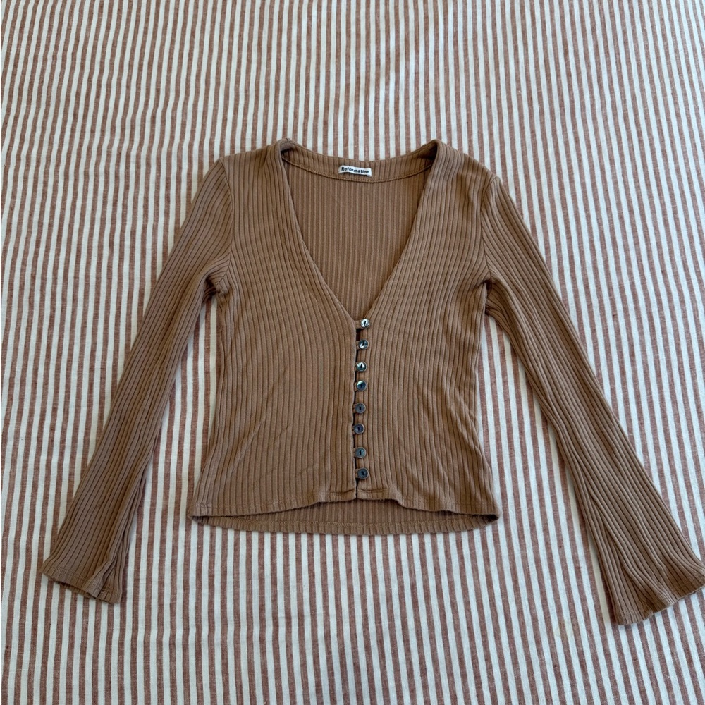 Reformation Ribbed Button-Front Top in Beige - Picture 3 of 7